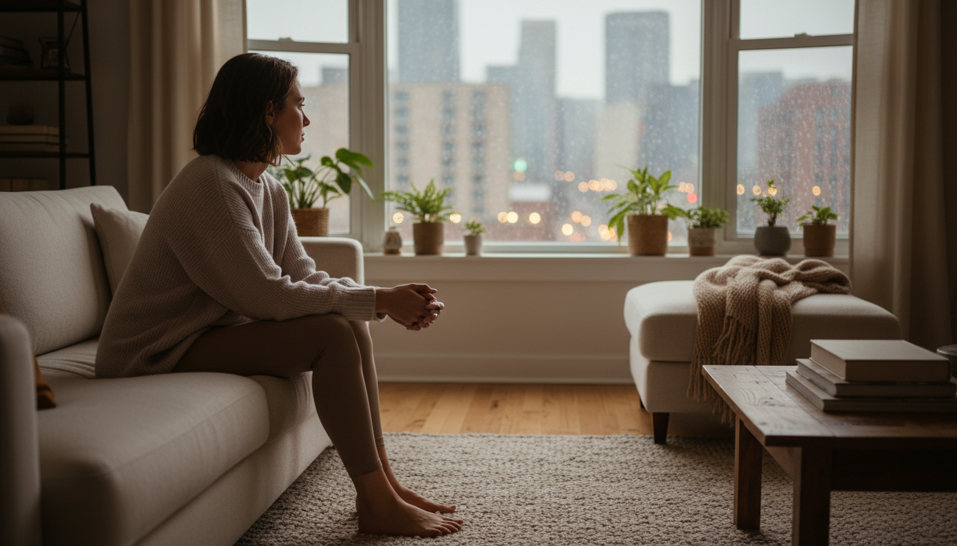 a woman sitting in her living room looking out of her window